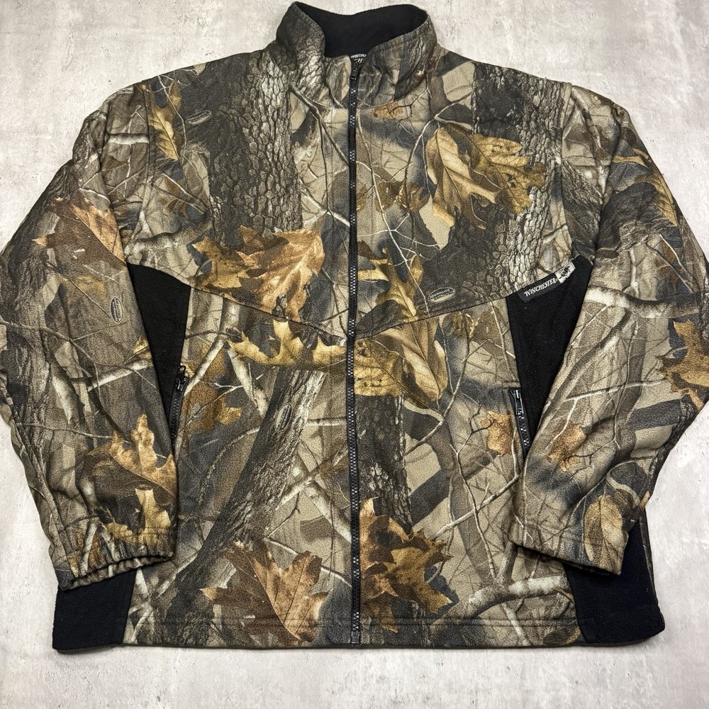 Vintage Winchester Camo Print Fleece Jacket Mens Large Full Zip Hunting Camping
